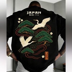 Black Shirt with Crane and Tree Design